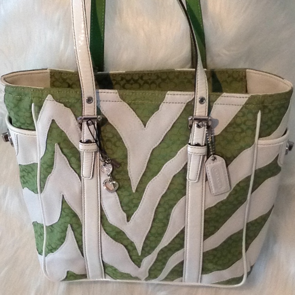 Zebra white leather with green logo Coach tote.